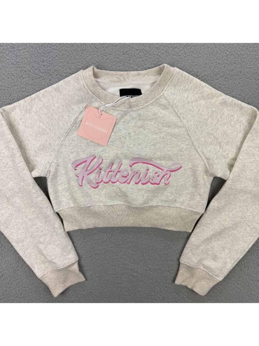 Kittenish Heather Gray Cropped Sweatshirt with Pink Script Logo
